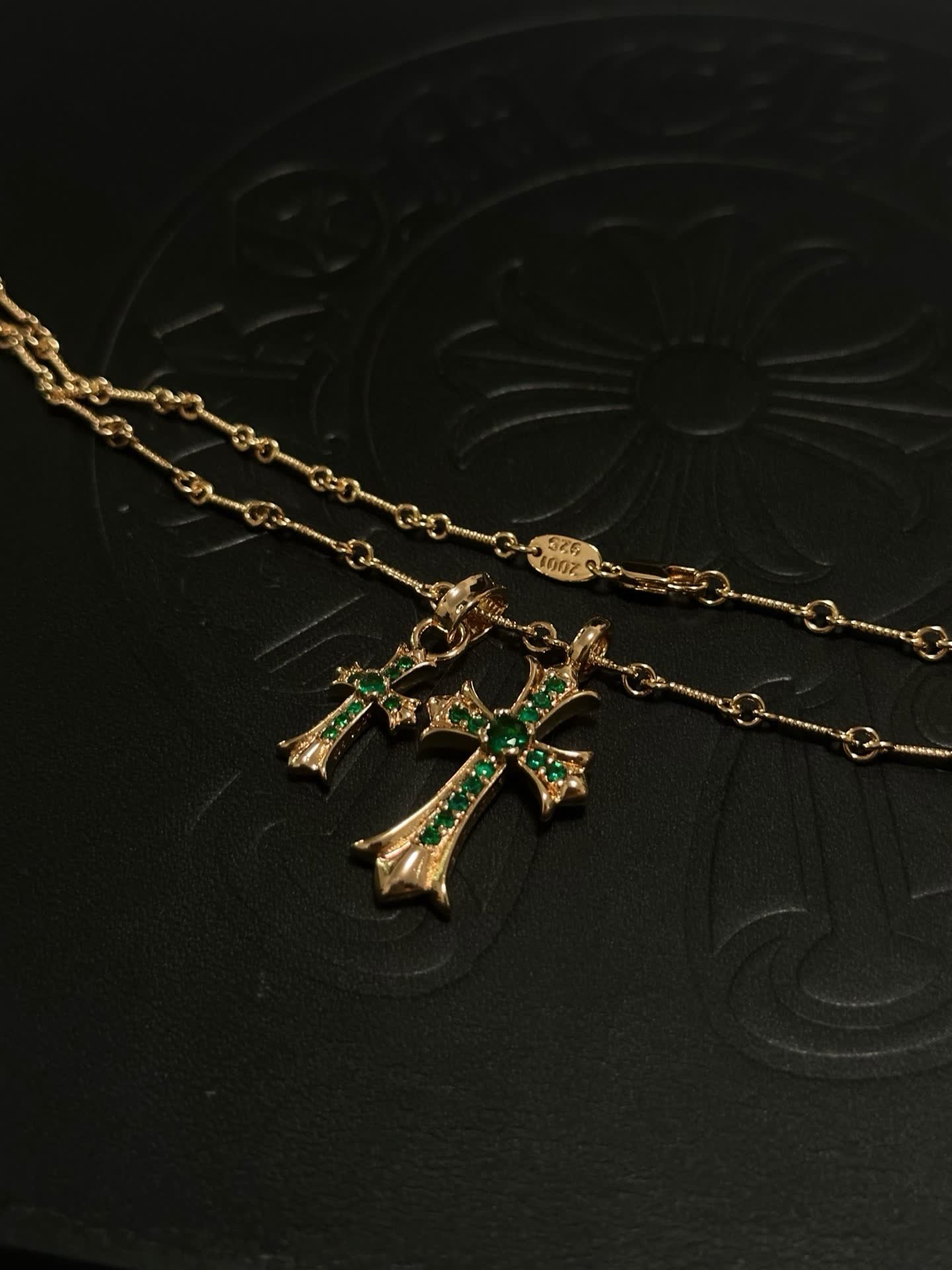 Chrome Hearts Gold Plated Rosary Necklace with Emerald Cross